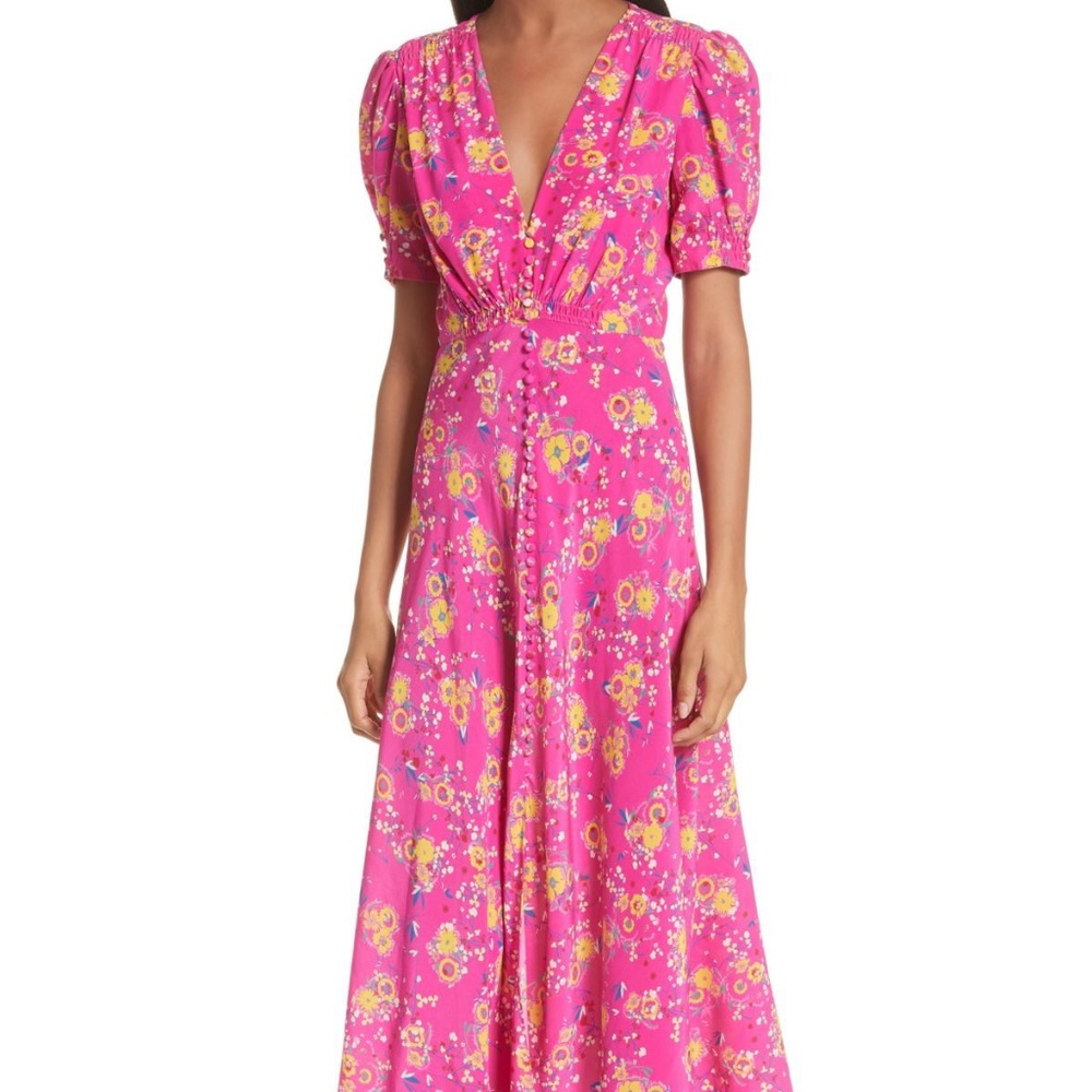 Saloni Lea Shocking Pink Floral Silk Midi Dress 10
